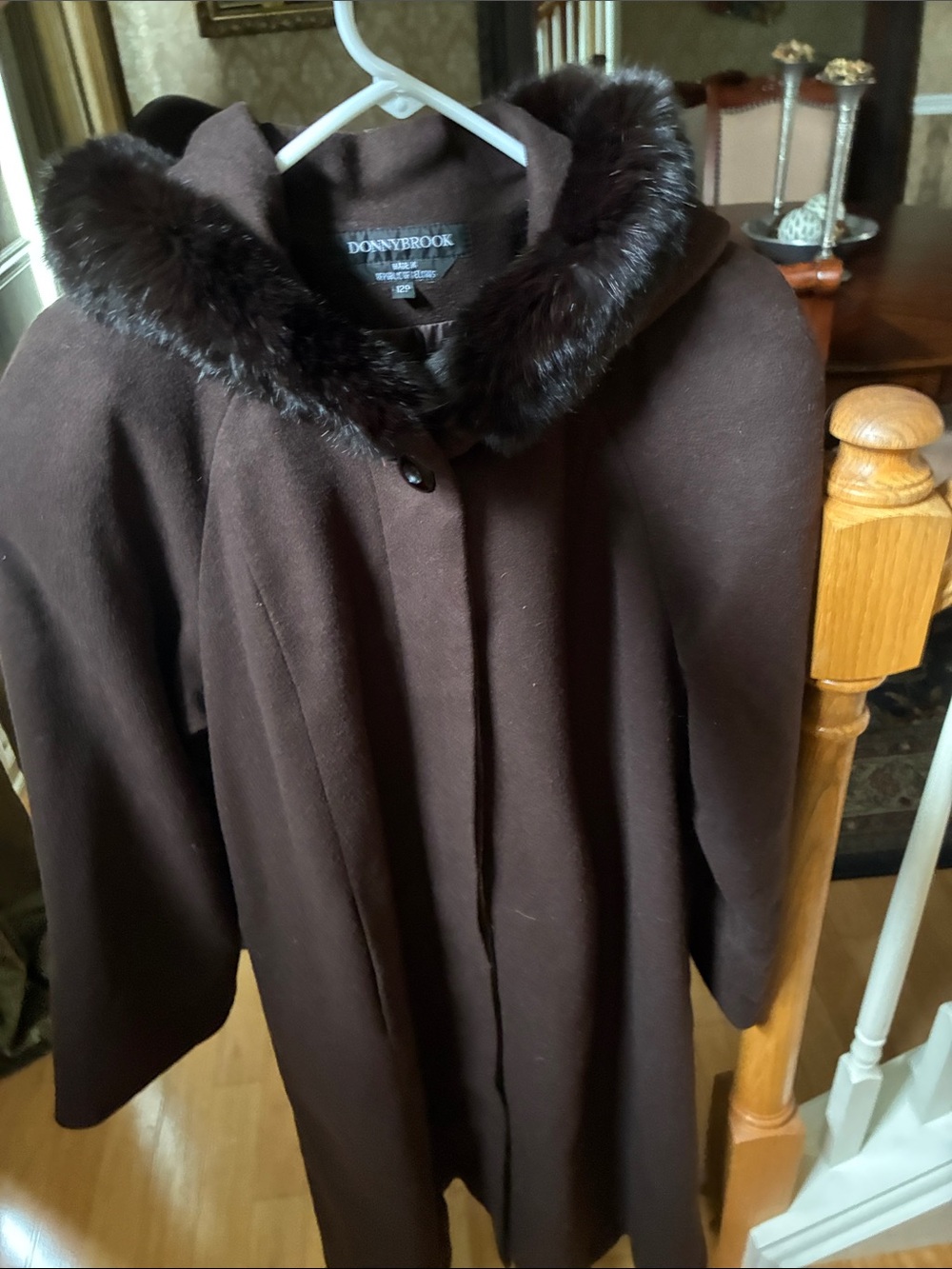100% Wool Coat with Chocolate Brown 100% Genuine Rabbit Fur Hood Trim - Picture 3 of 4
